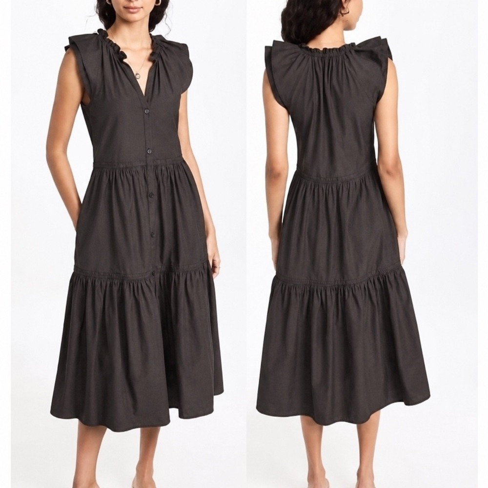 Brochu Walker Tiered Havana Midi Dress Women XS Gray Flutter Sleeve Wedding Chic
